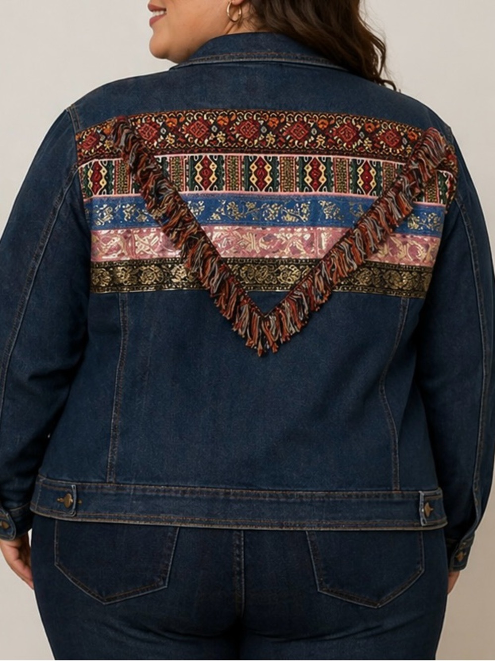 Cato C EST 1946 DENIM JACKET Southwest BOHEMIAN STYLE RIBBON FRINGE